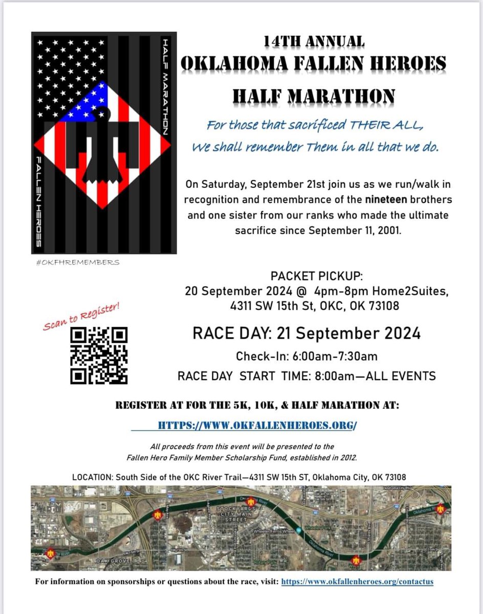 ChiefGuffy's tweet photo. 🏃‍♀️ #Oklahoma Fallen Heroes Half Marathon, along with 10K and 5K races (or even walk). 🇺🇸 Saturday, 21 September 2024. 
Register today! Everyone is welcomed. #WeRemember ✝️ #WhoDoYouRun_WalkFor
#45thIBCT #205thEIS #219thEIS * 
https://t.co/GKiselWHan https://t.co/HDbM3Hh9e1