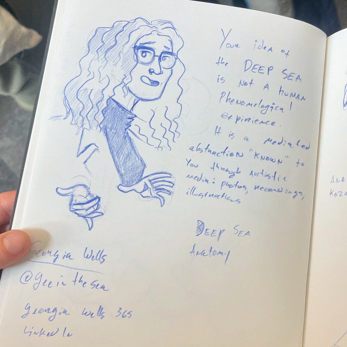 geeinthesea's tweet photo. A big thank you to @cookedillustra for the coolest illustration of me giving my talk on art, science &amp; the deep sea at the recent SciComm SW conference. 

Please go and them check out for all of your visual science communication needs, they’re doing some really cool stuff! https://t.co/6flZzYfgww