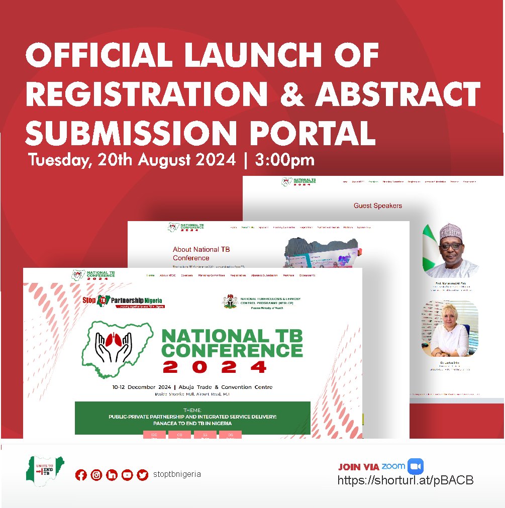 STOP TB NIGERIA (@stoptbnigeria) on Twitter photo As we draw closer to the National TB Conference 2024, we are thrilled to officially launch the Registration and Abstract Submission Portal. This marks a significant milestone in our collective efforts to convene the brightest minds,
<a href="/StopTB/">Stop TB Partnership</a> <a href="/NTBLCP1/">NTBLCP</a>
<a href="/WHO/">World Health Organization (WHO)</a> <a href="/USAID/">USAID</a> <a href="/Fmohnigeria/">Federal Ministry of Health, NIGERIA</a> As we draw closer to the National TB Conference 2024, we are thrilled to officially launch the Registration and Abstract Submission Portal. This marks a significant milestone in our collective efforts to convene the brightest minds,
<a href="/StopTB/">Stop TB Partnership</a> <a href="/NTBLCP1/">NTBLCP</a>
<a href="/WHO/">World Health Organization (WHO)</a> <a href="/USAID/">USAID</a> <a href="/Fmohnigeria/">Federal Ministry of Health, NIGERIA</a>