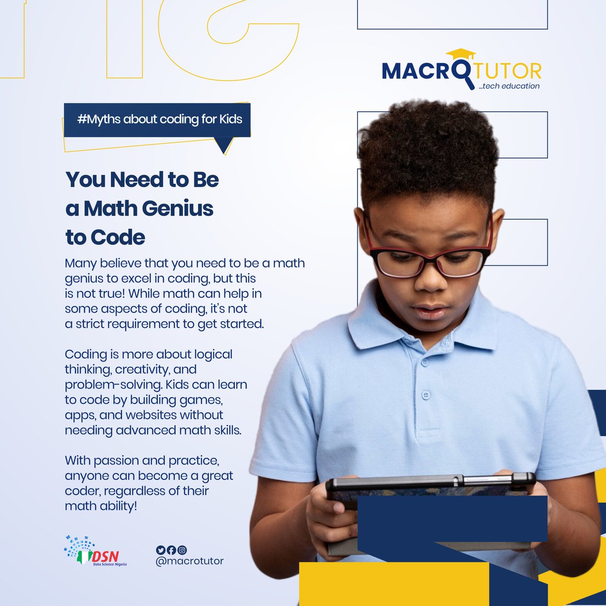macrotutor_'s tweet image. You don't need to be a math genius to code! Coding is about logical thinking, creativity, and problem-solving. Kids can learn to build games, apps, and websites with passion and practice.
#codingforkids #codingmyths #macrotutor