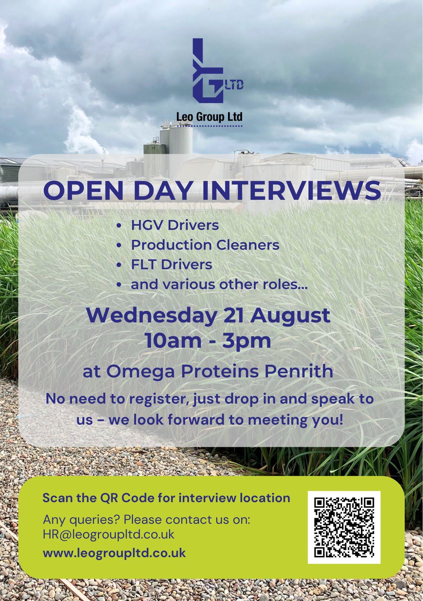 Leo Group Ltd (@leogroupltd1) on Twitter photo OPEN RECRUITMENT DAY
Join us at our Omega Proteins site in #Penrith on Wednesday, 21 August from 10 am to 3 pm.
For further information, please contact us at HR@leogroupltd.co.uk
#NewCareer #JobOpportunity #NewJob #Cumbria OPEN RECRUITMENT DAY
Join us at our Omega Proteins site in #Penrith on Wednesday, 21 August from 10 am to 3 pm.
For further information, please contact us at HR@leogroupltd.co.uk
#NewCareer #JobOpportunity #NewJob #Cumbria