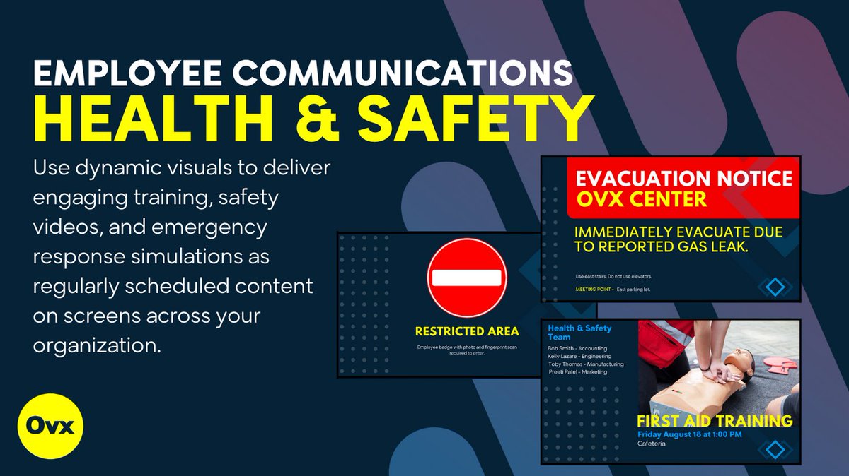Omnivex's tweet image. Use dynamic visuals to deliver engaging training, safety videos, and emergency response simulations as regularly scheduled content on screens across your organization. Learn more: omnivex.com/solutions/appl… #digitalsignage #emergencynotifications #employeecommunications