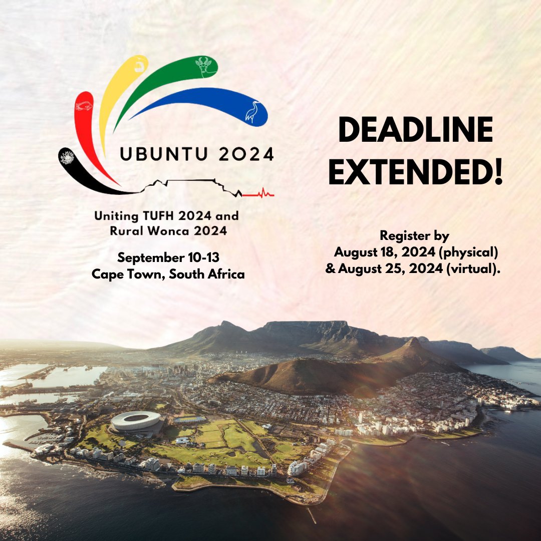 🚨 Registration deadline extended for #Ubuntu2024!

🌍 Join us in Cape Town, South Africa for the 20th <a href="/RuralWonca/">Rural Wonca</a> Health Conference &amp; <a href="/TheNetworkTUFH/">The Network: TUFH</a> 2024.

📅 New deadlines:
In-person: 18 Aug 2024
Virtual: 25 Aug 2024

Don't miss out! 🇿🇦 ubuntu2024.com