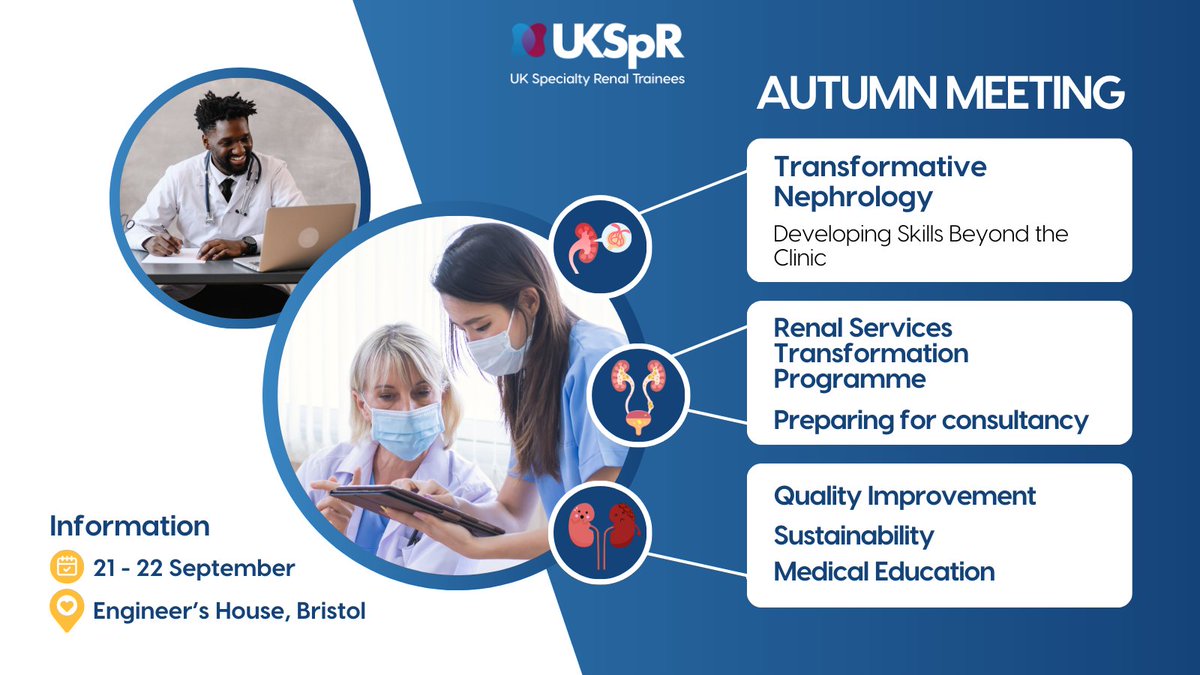 The UK Kidney Association (@ukkidney) on Twitter photo 📣 3 DAYS LEFT! 📣
If you're an SpR don't forget to register for the Autumn Meeting of UK Specialty Renal Trainees <a href="/RenalSpRClub/">Renal SpR Club</a>.
🗣️ Developing Skills Beyond the Clinic
🗓️ 21-22 September 2024
📍 Engineers House, Bristol
⏳Sign-up now:
🎟️ eventbrite.co.uk/e/transformati… 📣 3 DAYS LEFT! 📣
If you're an SpR don't forget to register for the Autumn Meeting of UK Specialty Renal Trainees <a href="/RenalSpRClub/">Renal SpR Club</a>.
🗣️ Developing Skills Beyond the Clinic
🗓️ 21-22 September 2024
📍 Engineers House, Bristol
⏳Sign-up now:
🎟️ eventbrite.co.uk/e/transformati…