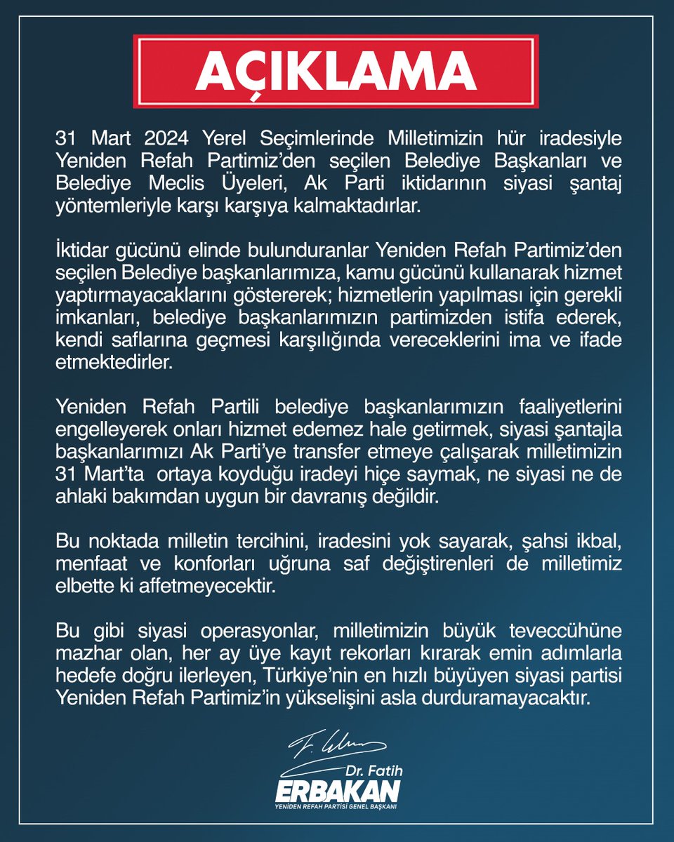 Genel Başkanımız Dr. Fatih Erbakan: “Milletimizin büyük teveccühüne mazhar olan, her ay üye kayıt rekorları kırarak emin adımlarla hedefe doğru ilerleyen, Türkiye’nin en hızlı büyüyen siyasi partisi olan “Yeniden Refah Partimiz’in” yükselişi asla durdurulamayacaktır.”