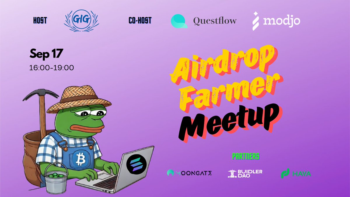 GIG DAO is going host an interesting event during <a href="/token2049/">TOKEN2049</a> week🤠

📅 Sep 17 16:00-19:00
📍 Mapletree Anson
🤝 <a href="/questflow/">Questflow</a> <a href="/Modjo_me/">Modjo</a> 
🔗 lu.ma/7k5dw7q2

​Join us with airdrop farming guilds and studios from all over the world to find the next alpha 💎