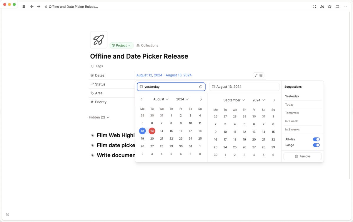 CapacitiesHQ's tweet photo. 🚨 A huge update!

Steps towards offline mode, date ranges and much more! Here’s what you need to know. 👇

Capacities mostly works offline!

➡️ You can create, edit and read all your notes anytime, anywhere.

➡️ Collections, dashboards and object queries work offline.

➡️ Your notes are stored on your computer in a secure format in the Capacities app (not plain text files on your computer).

➡️ The whole app should feel much faster; queries now update instantly, search is faster and loading times have improved. 🚀

This is a huge step on our offline journey, but we aren’t done yet! More offline functionality is coming soon. 🔜

Date ranges

➡️ We now support date ranges, natural language input and smart date and time suggestions.

➡️ Try typing “last Monday at 3pm” or “in one month” into any date picker…

➡️ We gave the date picker a makeover too. 😍

Other exciting things...

➡️ Our integration with Web Highlights got a huge upgrade, so you can export highlights and notes into Capacities in just a couple of clicks.

➡️ The AI budget has increased for everyone thanks to GPT 4o-Mini

➡️ Various bug fixes have gone out too!

---

As always, a big thank you to our community for your ongoing support and feedback. 🙌

---

See the full release notes at the link below!