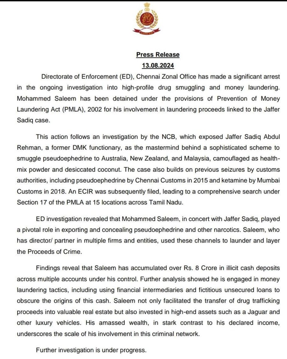 annamalai_k's tweet photo. The DMK Government in Tamil Nadu had no idea till the NCB identified the Drug Kingpin and DMK functionary Jaffar Sadiq, for smuggling Pseudoephedrine, who was operating right under their noses and a frequent visitor to their party headquarters. 

Today, his brother & VCK functionary Mohammed Salim has been arrested by the Enforcement Directorate for his involvement in international drug trafficking and profiting through it. 

Recently, a DMK functionary, Ibrahim, was arrested by NCB for smuggling 70 Crore worth of methamphetamine.  

TN CM Thiru @mkstalin should realise that these are not badges of honour but a disgrace to the state.