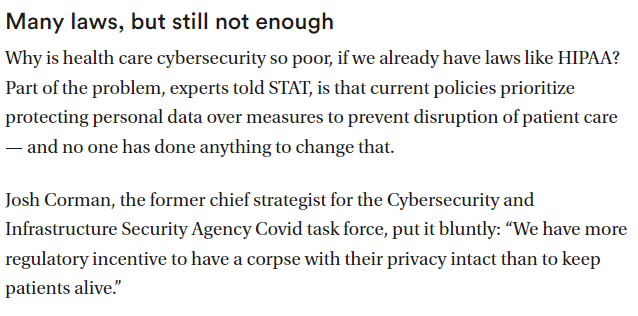 I kept seeing articles with people purporting fixes for healthcare cyber, but wanted to understand the root cause of ~why~ we built such a poor system.

It's complex (which is why it's an entire story), but this quote from <a href="/joshcorman/">Josh Corman ♘</a> started to clear it up for me:
