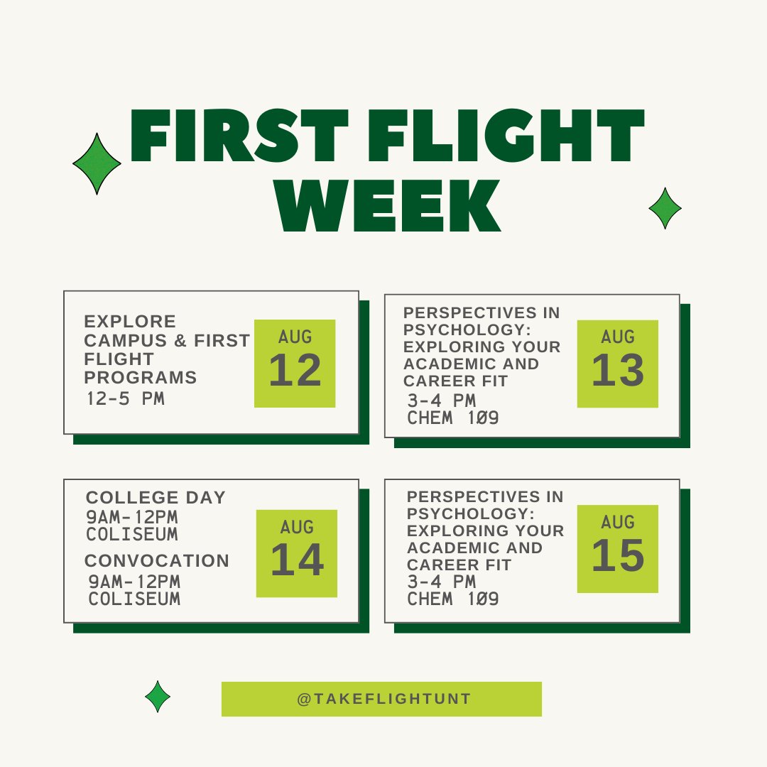 TakeFlightUNT's tweet photo. First Flight Week is here! Be sure you check out all the events happening on campus, see you there! #UNT28 #FirstFlightWeek #WelcomeToUNT https://t.co/IdM3qzfXUc