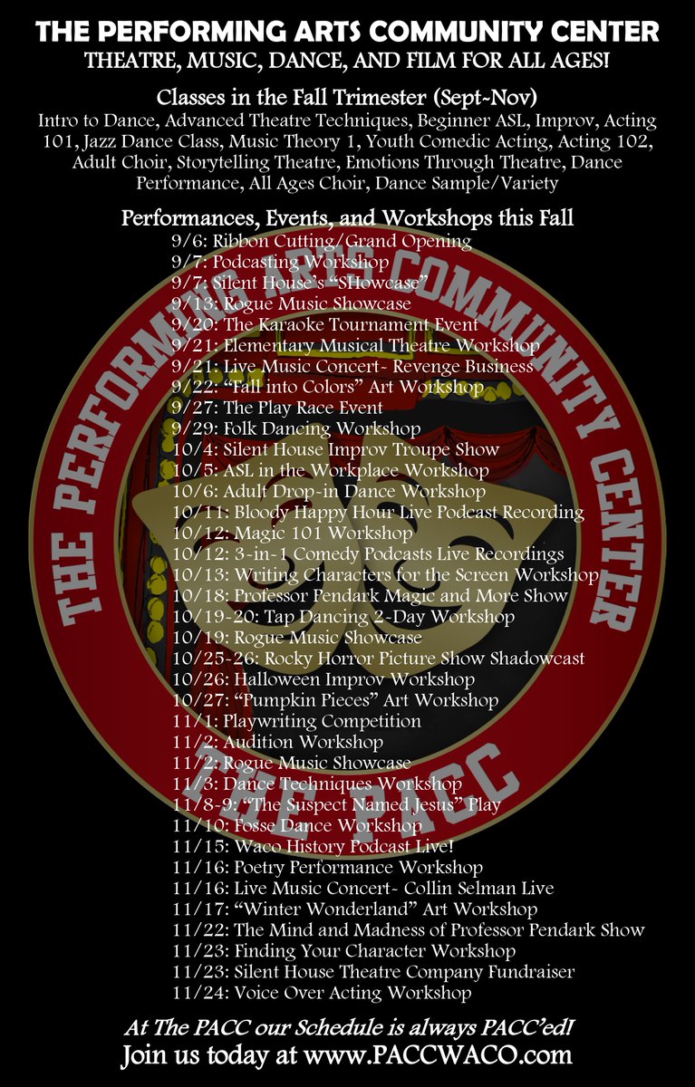 paccwaco's tweet photo. Have you seen everything The PACC has going on this Fall? 🎭

We’re “PACC’ed” with 19 classes, 18 workshops, and 26 shows in just 3 months!

📅 Pack the PACC and sign up today at https://t.co/cmgM1u7fyp. Don’t miss out!

#ThePACC #WacoArts #FallAtThePACC https://t.co/ansK5v9nVx