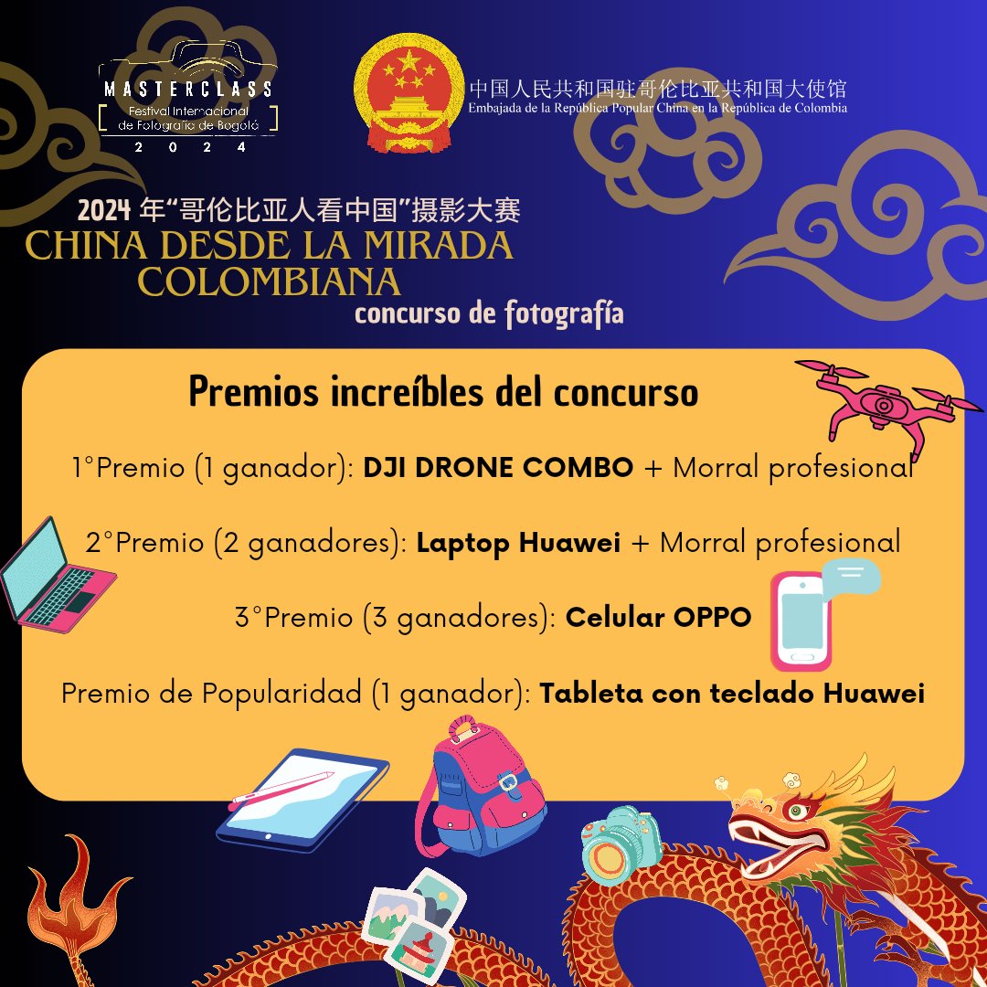 china_embajada's tweet photo. Desde hoy hasta 10 de octubre, ya se puede participar en el concurso de fotografía CHINA DESDE LA MIRADA COLOMBIANA🫡, compartiendo tus ideas sobre China así como la amistad y cooperación entre China y Colombia🇨🇳🇨🇴, para ganar DJI drone, laptop huawei, celulares y tabletas!!!😆 https://t.co/Y4mbMV2Dqh