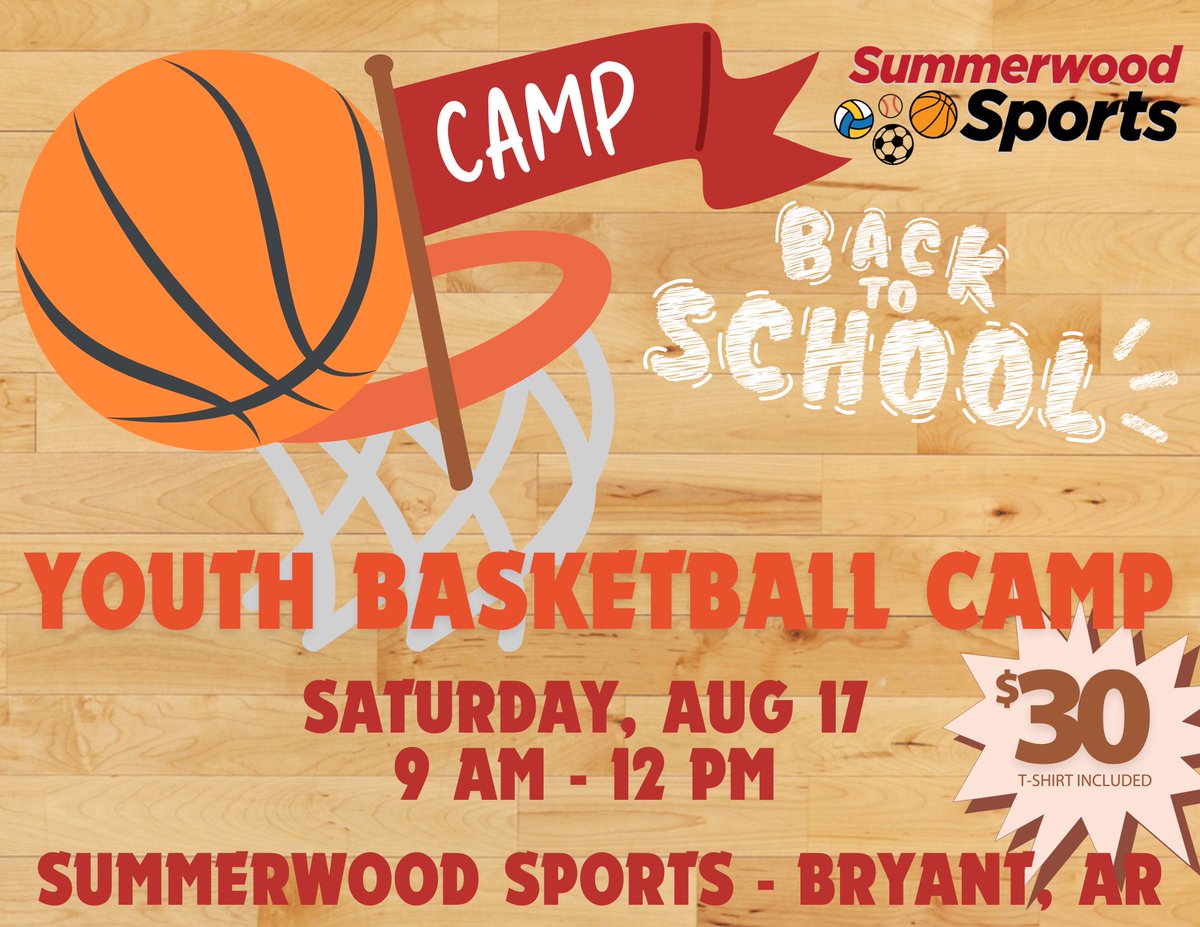 🏀Register today for the August 17th Back to School Youth Camp here at Summerwood Sports!

Kindergarten to 7th Grade (Grade starting August 2024) 📚

$30 for camp and includes t-shirt!

REGISTER HERE  ⬇️⬇️⬇️
summerwoodsports.com/backtoschool