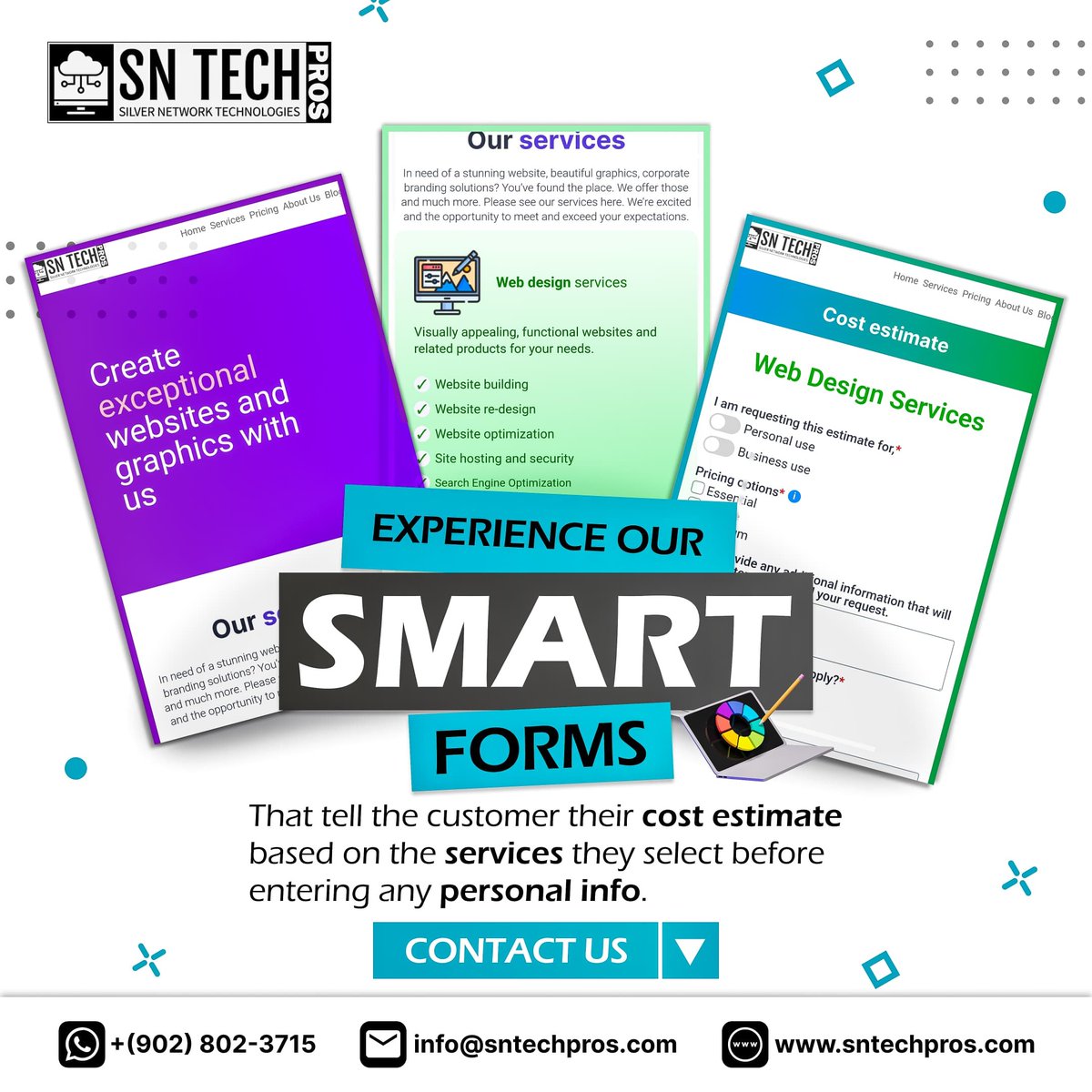 SNTechpros's tweet photo. Ever been confused when a vendor gives you a big price with no explanation? We've solved that in web design. Our smart forms let you choose only the components that you need &amp; see the final price upfront—no personal info required. Visit us at https://t.co/T0VERoxWZy. https://t.co/K7DEMqkvj7