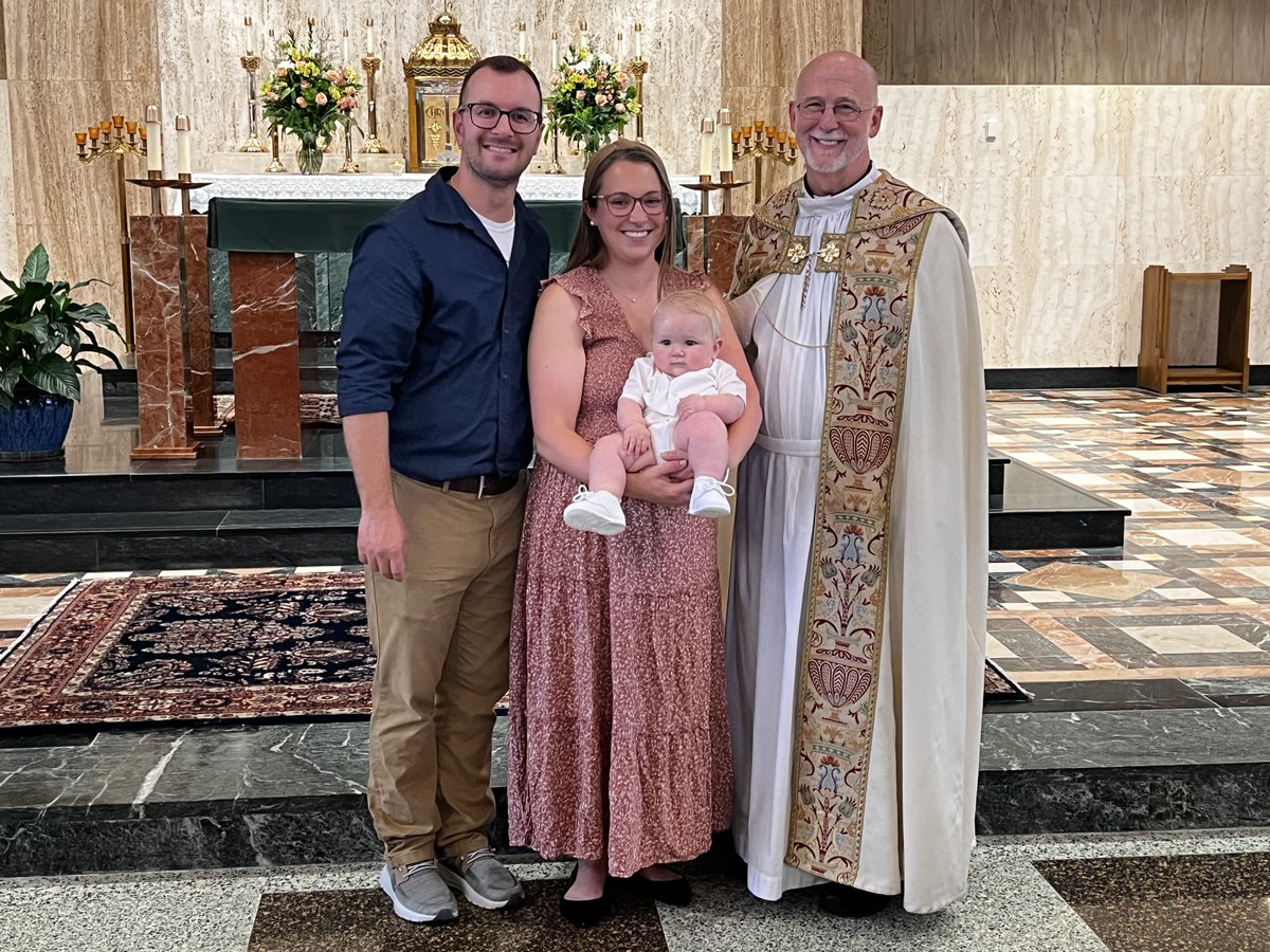 Parker Brian Theobald received the Sacrament of baptism this past Sunday, August 11. Pictured with his parents Nathaniel and Shannon (Dusute) Theobald and Fr. Bob.
