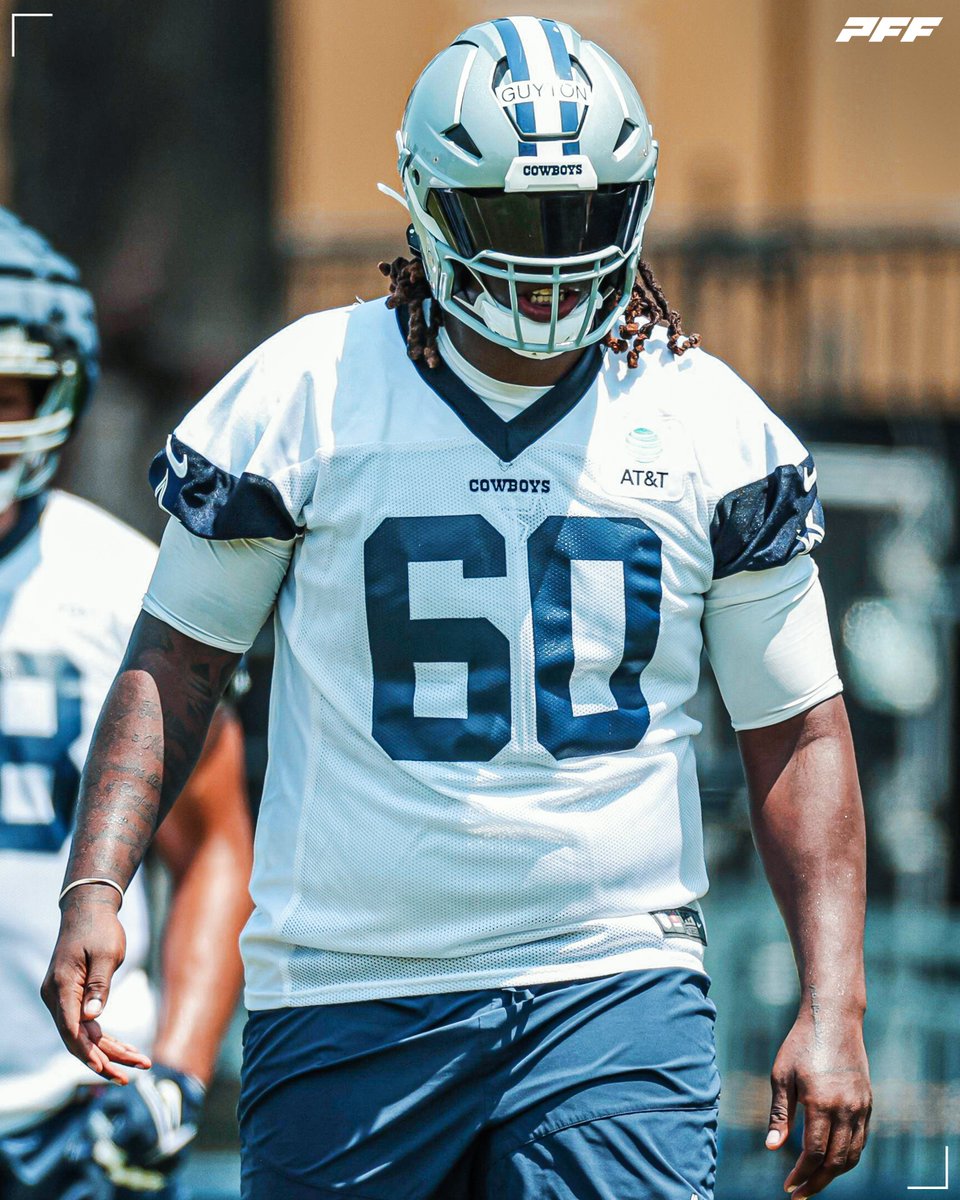 PFF's tweet photo. Tyler Guyton: 80.7 PFF Grade in Preseason Week 1

Highest among ALL rookie tackles 🤠 https://t.co/bKRCMtHWo8