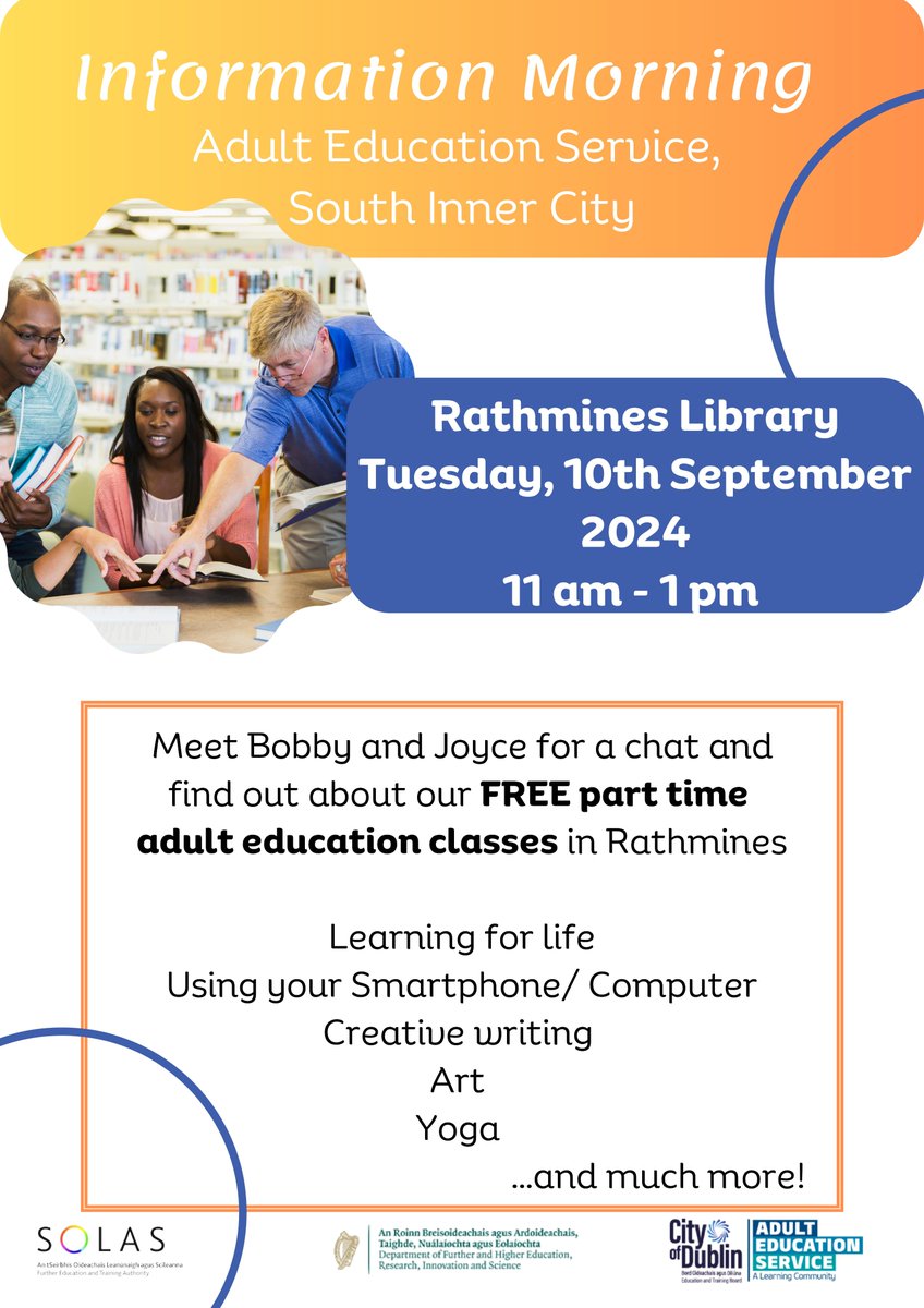 City of Dublin ETB Adult Education Guidance (@dicaegs1) on Twitter photo ๐ Discover new skills at Rathmines Library! ๐
๐๏ธ Date: Tues, Sept 10, 2024
โฐ Time: 11 am - 1 pm
๐ Location: Rathmines Library
Join Bobby & Joyce for a chat about FREE adult ed classes: tech skills, creative writing, art, yoga & more!
<a href="/SIC_AdultEd/">South Inner City Adult Education Service</a> ๐ Discover new skills at Rathmines Library! ๐
๐๏ธ Date: Tues, Sept 10, 2024
โฐ Time: 11 am - 1 pm
๐ Location: Rathmines Library
Join Bobby & Joyce for a chat about FREE adult ed classes: tech skills, creative writing, art, yoga & more!
<a href="/SIC_AdultEd/">South Inner City Adult Education Service</a>