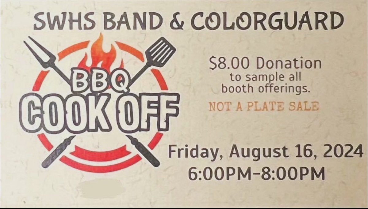SouthwestBand's tweet photo. This Friday from 6-8, you can catch our annual BBQ Cookoff! Tickets are $8 and the event is at the bus loading area. Come on out! https://t.co/TMO5hsP0MY