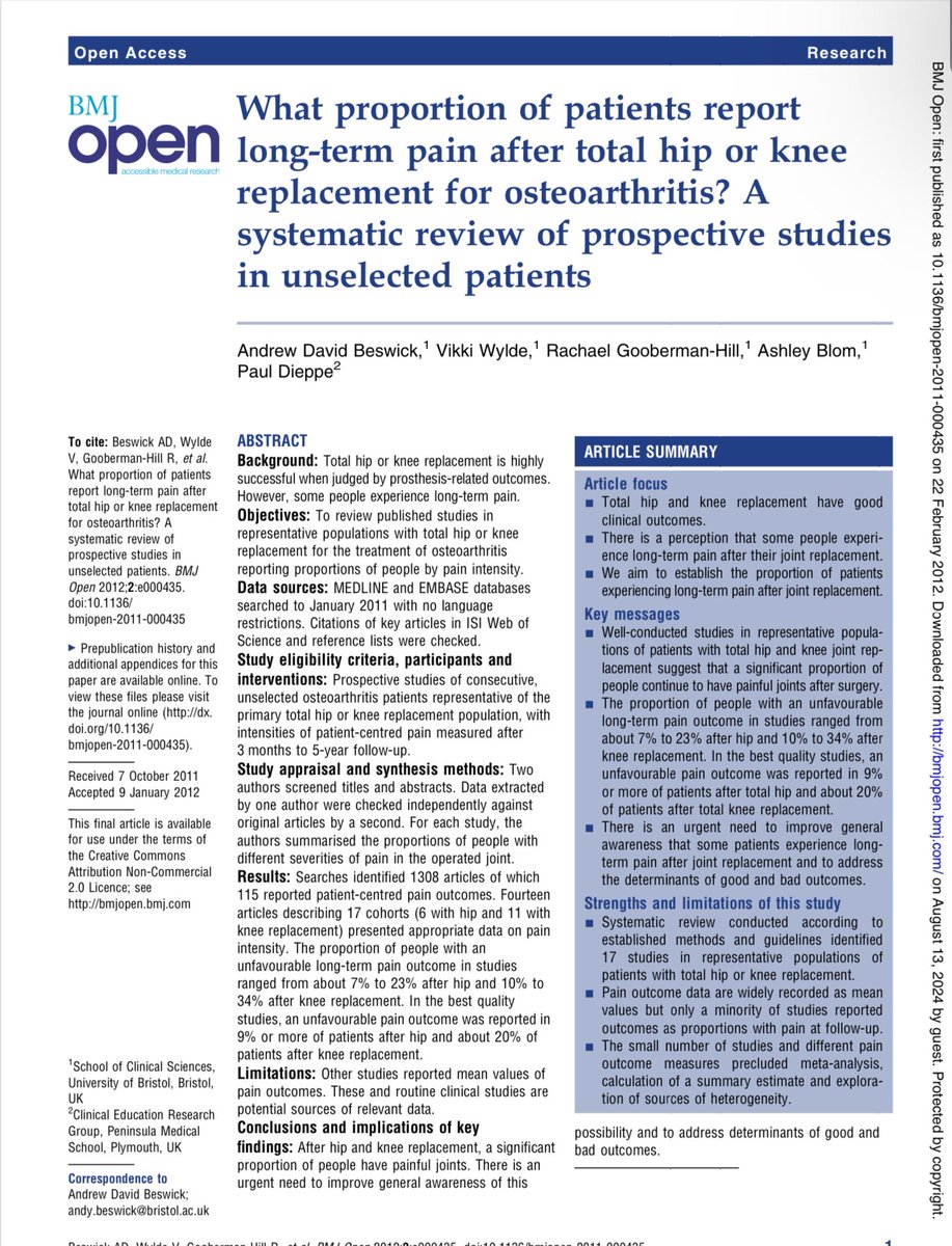What proportion of patients report long-term pain after total hip or knee replacement for osteoarthritis? A systematic review of prospective studies in unselected patients bmjopen.bmj.com/content/bmjope…

long-term pain ranged from about 7% to 23% after hip and 10% to 34% after TKA