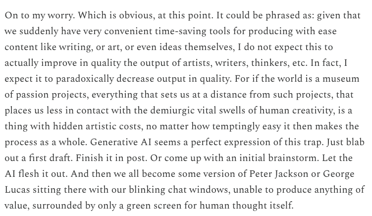 Why I expect writing, thinking, and art to get worse following Gen AI, not better