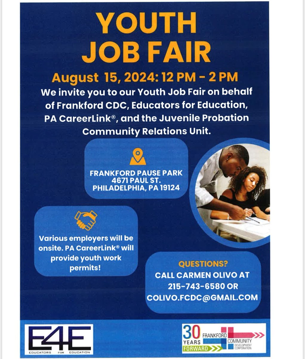 There will be a Youth Job Fair this Thursday, Aug. 15 from noon to 2 p.m. at Frankford Pause Park.

It will be a great opportunity for young people to learn about employment options and gain work experience.