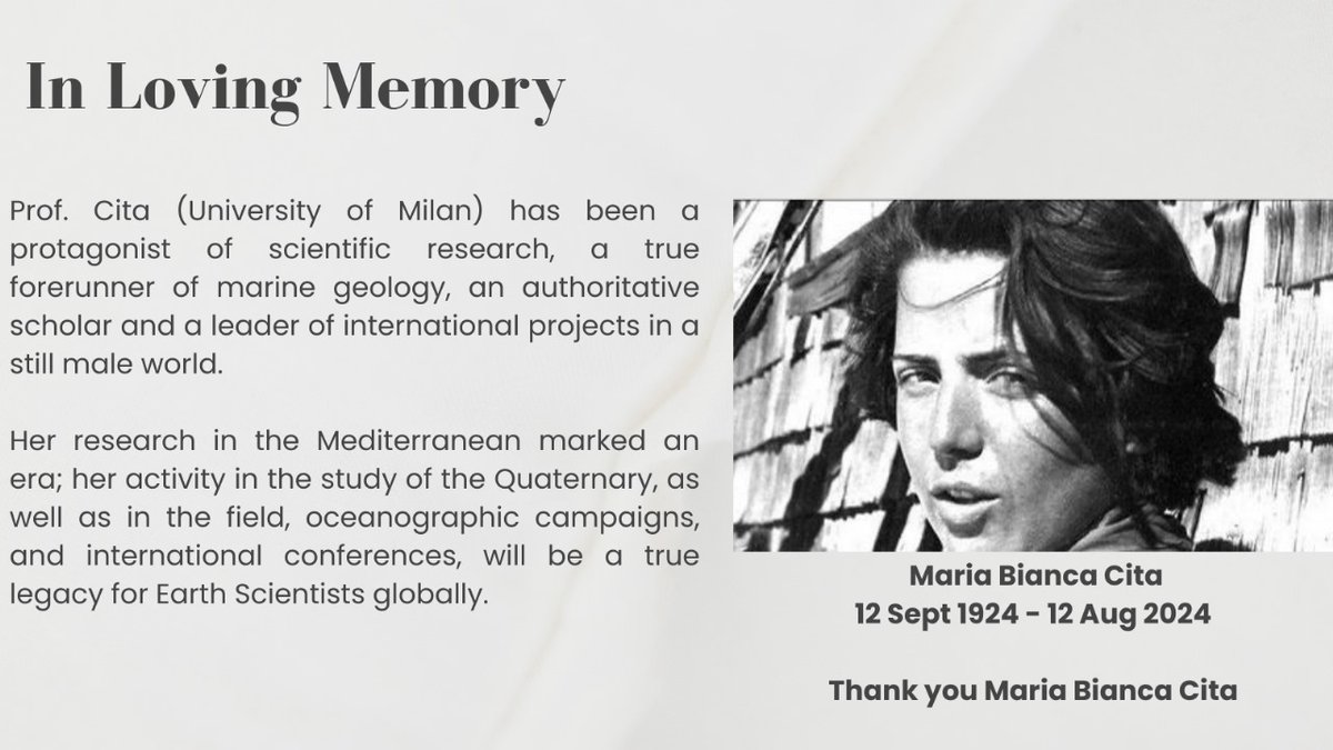 Cherishing the everlasting legacy of Prof. Maria Bianca Cita who left us on the 12th of August. 
Her research in the Mediterranean marked an era and her public interventions represent a precious legacy for the community of  Earth scientists.
Thank you Prof. Maria.