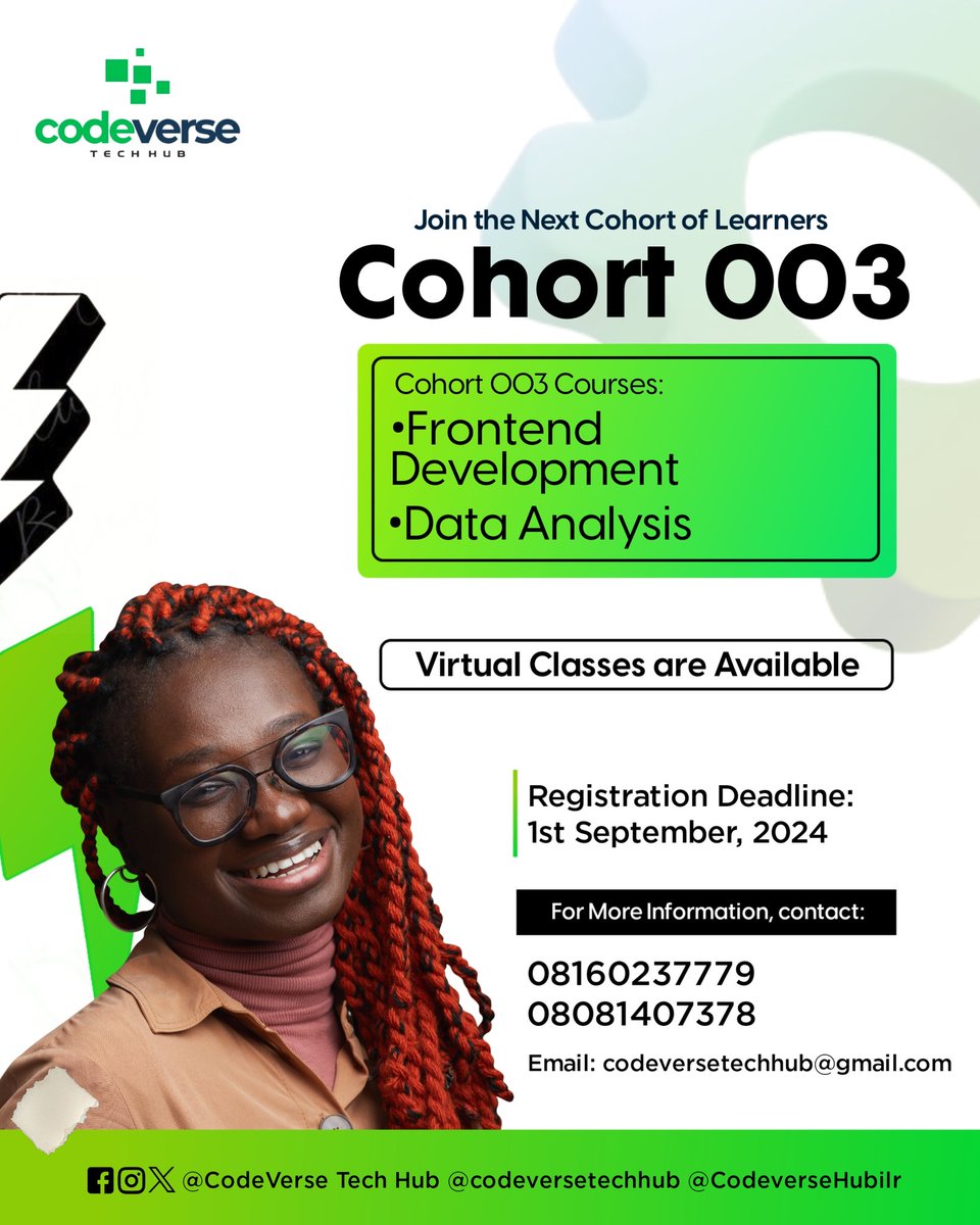 CodeverseHubilr's tweet image. Don't let 2024 slip by without mastering a new tech skill. Join our final cohort of the year and transform your future! #techschoolilorin #codeversetechhub #techskills #frontend #dataanalysis #tech