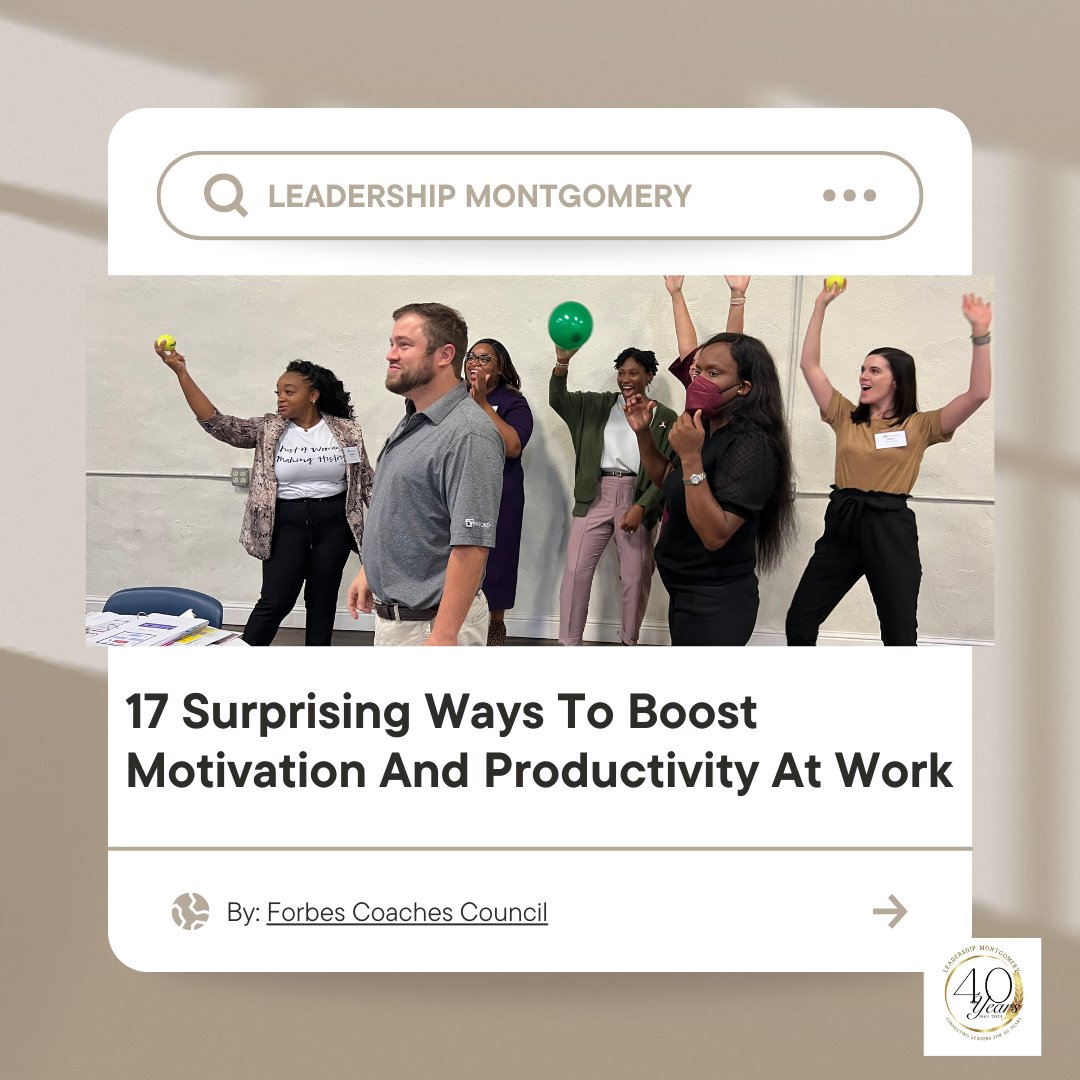 Does your organizational climate need a positive boost? Read, “17 Surprising Ways to Boots Motivational and Productivity at Work”, By: Forbes Coaches Council, to learn more.
forbes.com/sites/forbesco…  

#LeadershipMGM
#connectingleaderstoeffectchange
#Articleoftheweek
#goodreads