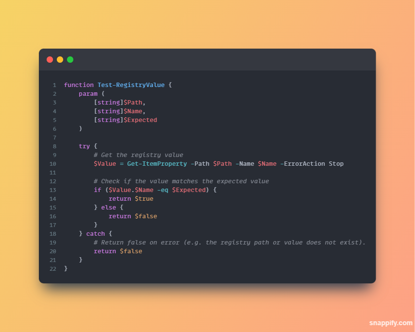 modernenduser's tweet photo. I've been writing a lot of detetion methods and proactive remedation scripts recently! Thought i'd share this #powershell function which checks for a registry value and returns either $true or $false! Hopefully might help someone! #MSIntune

https://t.co/jbsws9IR8O https://t.co/hgR1PxNLZq