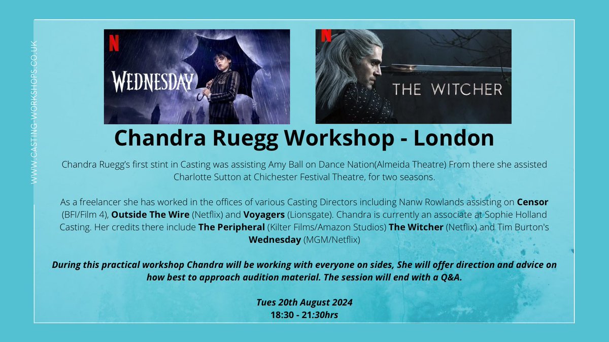 ICYMI - there’s a few spaces left on our workshop with Casting Associate Chandra Ruegg (Wednesday, The Witcher). Book now for next Tuesday’s session… details below. Please Repost. Book via our website:

casting-workshops.co.uk/workshops