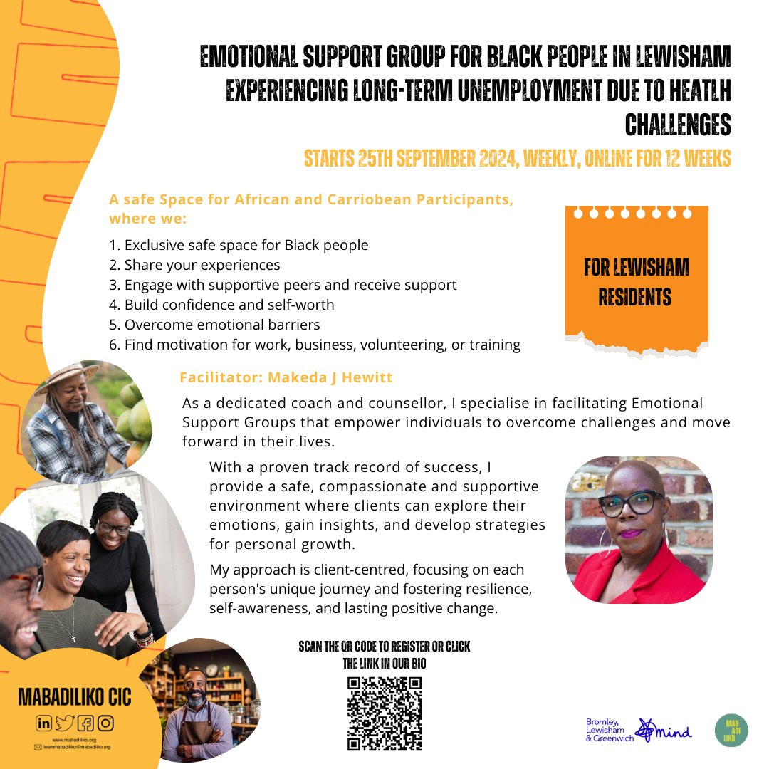 Starting on September 25th, 2024, we will begin a 12-week emotional support group for Black individuals in Lewisham experiencing long-term unemployment due to health challenges. 

Sign up now and please share this opportunity with anyone who might benefit!