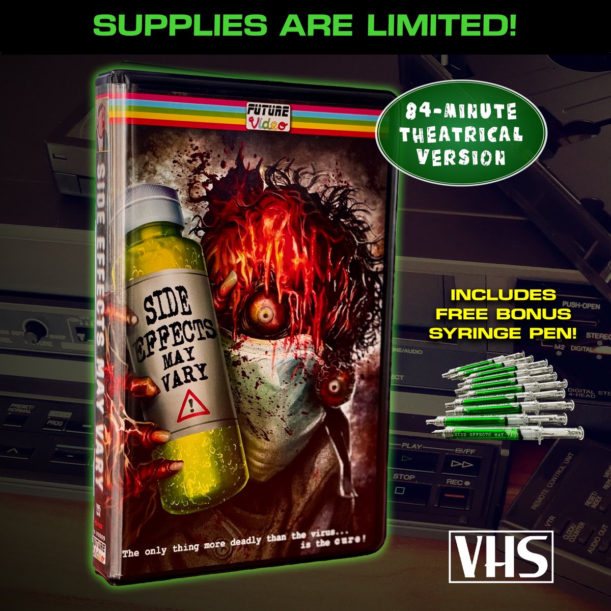 makeflix's tweet image. NEW THIS WEEK: #SideEffectsMayVary Limited Edition VHS autographed by director J.R. Bookwalter, or grab a massive 27” x 40” one-sheet poster. In stock &amp;amp; now shipping!

makeflix.com/collections/si…

#Makeflix #FutureVideo #VHS #Posters #JRBookwalter #NewThisWeek #TheatricalRoadshow