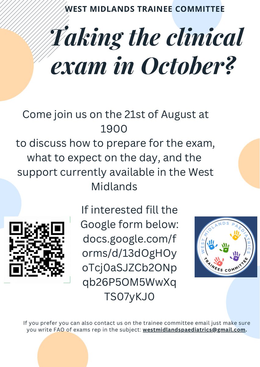 Come join us next Wednesday to talk about the clinical exam and how we can help you prepare for it #RCPCH 

docs.google.com/forms/d/13dOgH…