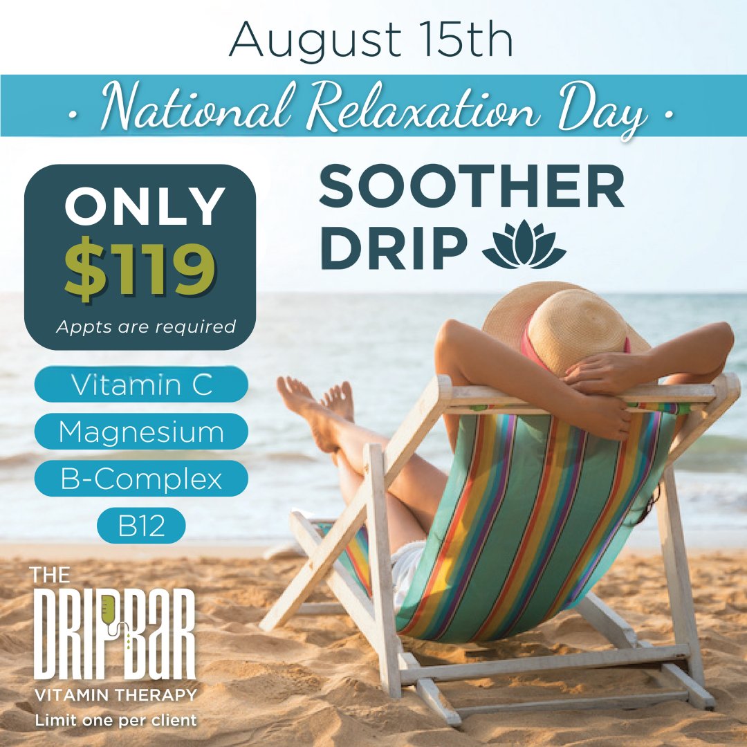 TheDRIPBaRLargo's tweet photo. This August 15th, treat yourself to ultimate relaxation at The DRIPBaR Largo with our special $99 Soother IV! Our Soother IV is designed to melt away stress and rejuvenate your body with a blend of hydrating fluids and calming nutrients. Give yourself the gift of relaxation. #IV https://t.co/UZP06IXCSu