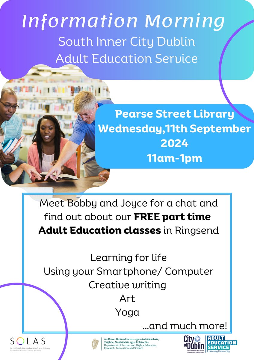 City of Dublin ETB Adult Education Guidance (@dicaegs1) on Twitter photo ๐ Join us at Pearse Street Library for a FREE Information Morning! ๐
๐ Wed, Sept 11, 2024
โฐ 11am-1pm
๐ Pearse Street Library
Meet Bobby & Joyce to explore adult ed classes in Ringsend: tech, writing, art, yoga & more! Don't miss out.
Tag a friend! <a href="/SIC_AdultEd/">South Inner City Adult Education Service</a> ๐ Join us at Pearse Street Library for a FREE Information Morning! ๐
๐ Wed, Sept 11, 2024
โฐ 11am-1pm
๐ Pearse Street Library
Meet Bobby & Joyce to explore adult ed classes in Ringsend: tech, writing, art, yoga & more! Don't miss out.
Tag a friend! <a href="/SIC_AdultEd/">South Inner City Adult Education Service</a>