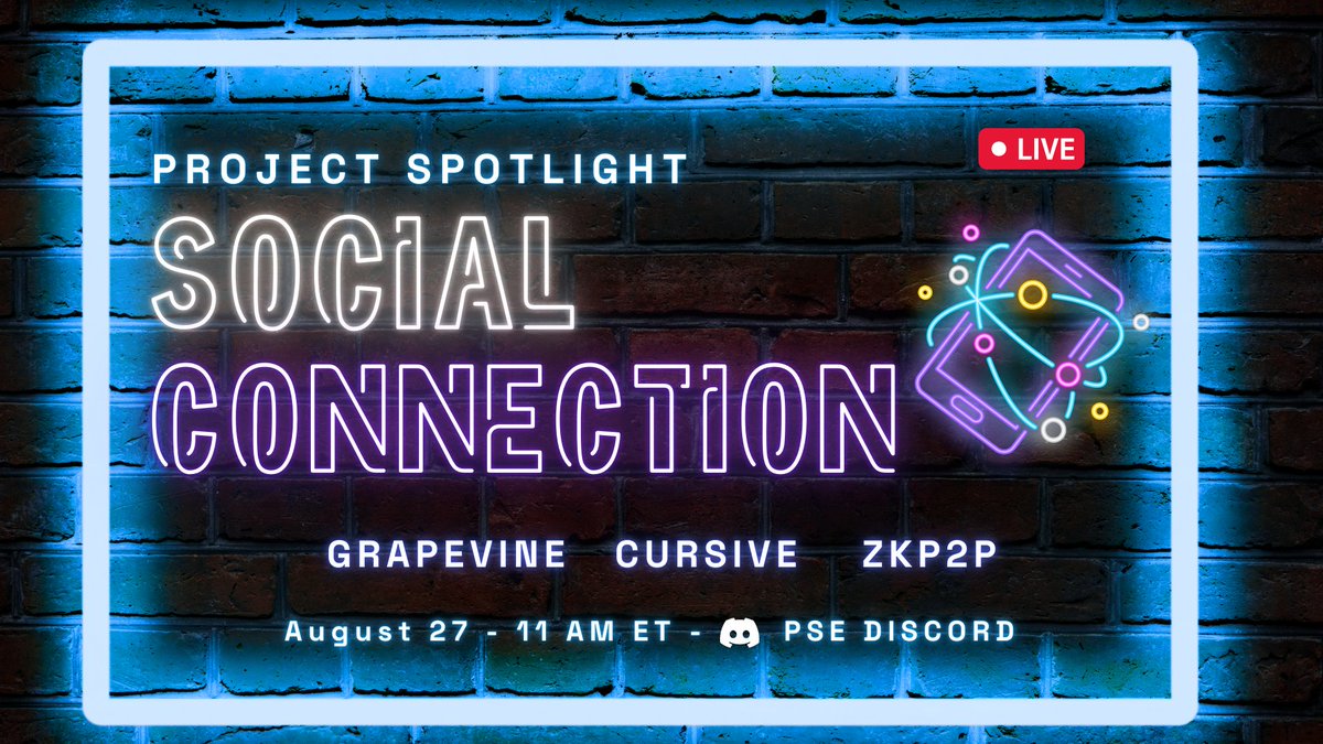 Project Spotlight: Episode 2 is happening, and the theme is Social Connection! Join us in the PSE discord on August 27 as <a href="/cursive_team/">Cursive</a>, <a href="/zkp2p/">ZKP2P</a> and Grapevine give live demos and project updates.

We'll dive into topics like MPC, FHE, and Zk, Don't miss it! tinyurl.com/social-spotlig…