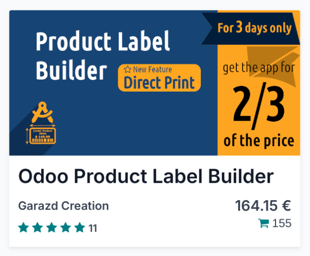 garazdcreation's tweet photo. For 3 days only, get Odoo label printing and designing apps for 2/3 of the price (until August 16)!
https://t.co/HgZ2dlY62g

#odoo #odooapps #Promotions #garazdcreation https://t.co/YyM5ozhrEj