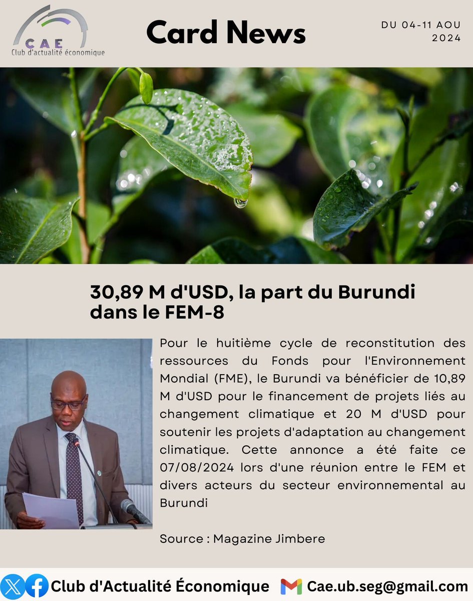 CAE_FSEG's tweet photo. 📰🔴 Libéralisation du marché du sucre au #Burundi....

💰 Le Burundi va bénéficier de 30,89M$ dans le cadre du FEM-8..

#CardNews #CAE https://t.co/X1VYQOlUMF