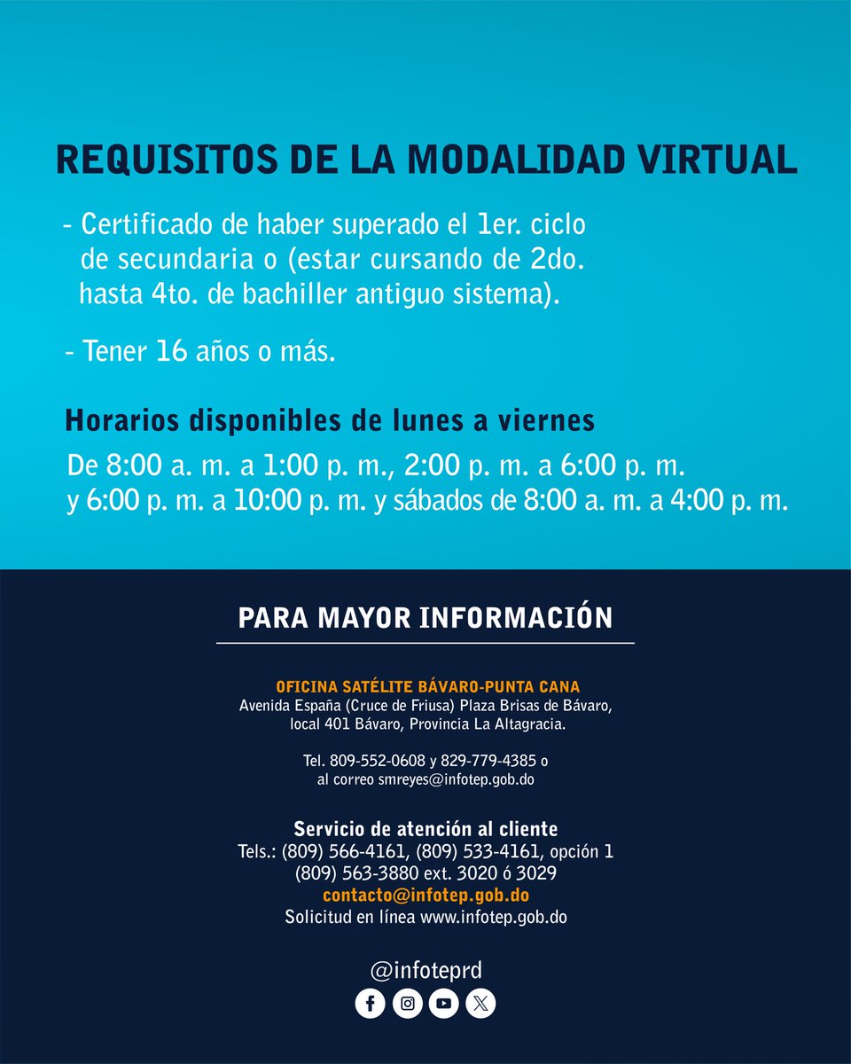 InfotepRD's tweet image. ¡Conviértete en un experto en tu área favorita, con nuestras carreras técnicas🤩!

📍Bávaro y Verón

Conoce las opciones que tenemos disponibles para ti en modalidad presencial y virtual. 

#INFOTEPteImpulsa
#INFOTEPesInnovación
#CapacitarEsProgresar
#INFOTEPCreaOportunidades