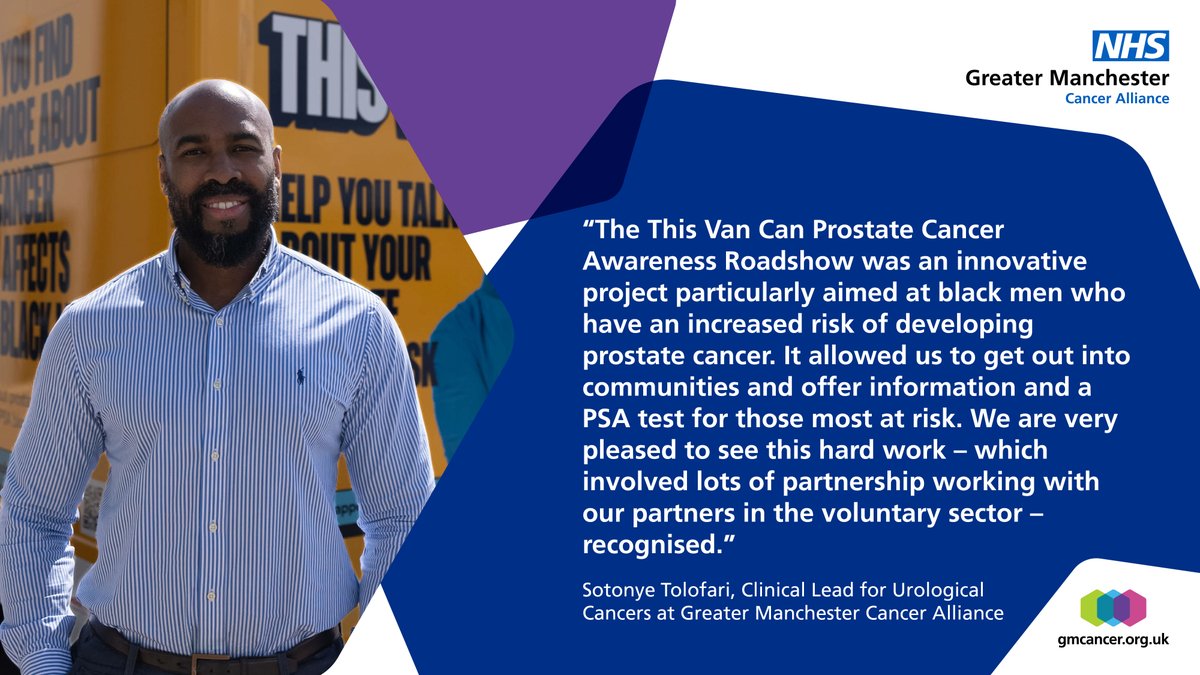 Greater Manchester Cancer Alliance (@gm_cancer) on Twitter photo The Greater Manchester Prostate Cancer Awareness Roadshow pilot #ThisVanCan, led by <a href="/SKTolofari/">Sotonye Tolofari</a> is shortlisted in the @HSJAwards in the ‘NHS Race Equality Award’ category. 🚍 👏
Well done team and good luck at the #HSJAwards2024! The Greater Manchester Prostate Cancer Awareness Roadshow pilot #ThisVanCan, led by <a href="/SKTolofari/">Sotonye Tolofari</a> is shortlisted in the @HSJAwards in the ‘NHS Race Equality Award’ category. 🚍 👏
Well done team and good luck at the #HSJAwards2024!