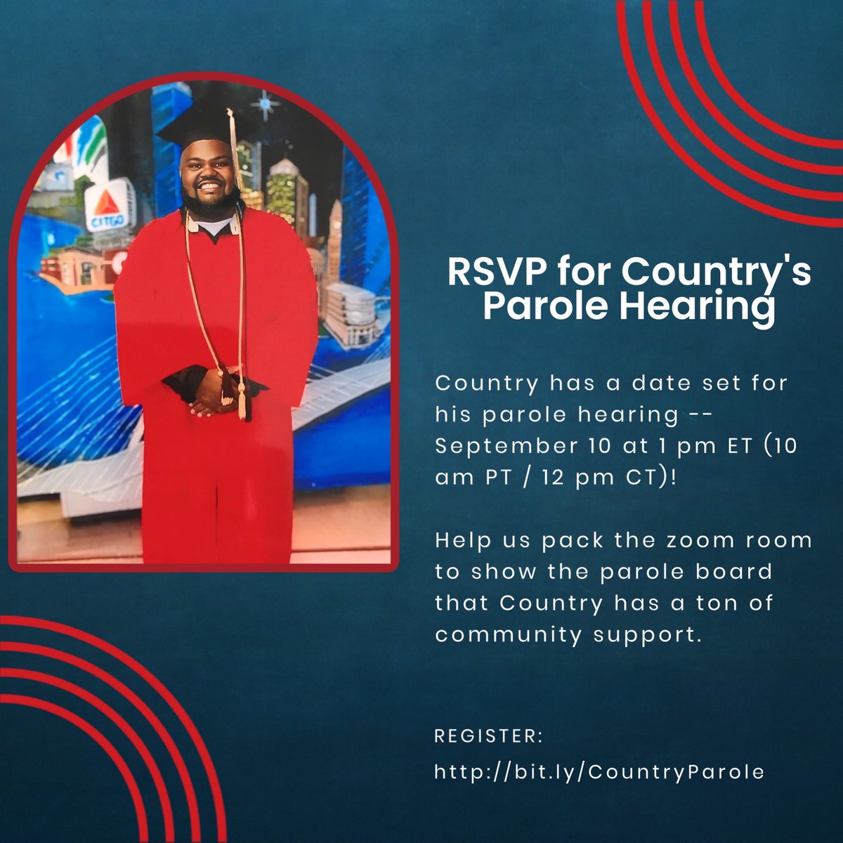 Our good friend and #DeeperThanWater organizer Country has a date set for his parole hearing! Help us pack the zoom room on Sept 10 at 1 pm ET to show the parole board how much support he has. 

➡️RSVP required: bit.ly/CountryParole
