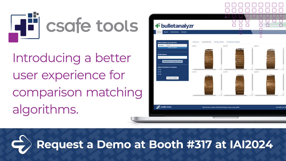 CSAFE_CoE's tweet image. The #IAI2024 Exhibit Hall is now open for Day 2! 
Stop by and visit us in Booth #317, and request a demo of CSAFE Tools — our newly launched hub for open-source software tools:
• Handwriter
• BulletAnalyzr
• ShoeprintAnalyzr &amp;amp; ShoeComp
forensicstats.org/news-posts/csa…