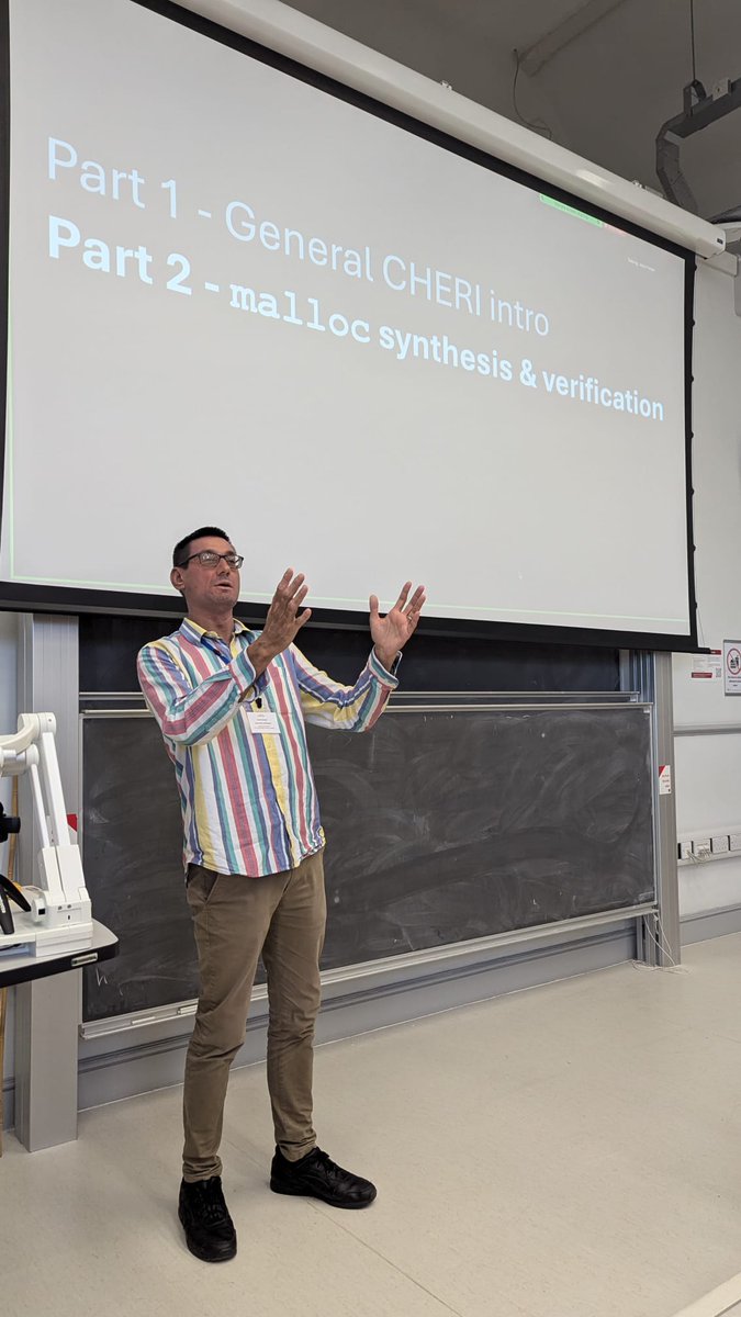 An excellent presentation from Jeremy Singer (University of Glasgow) on synthesising and verifying memory allocators on CHERI architectures. #VeTSS