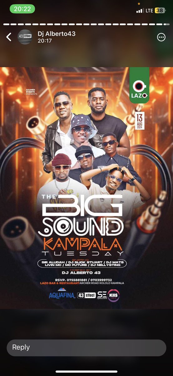 #TheBigSound happening tonight @Loza 
Hosted by <a href="/djalberto43/">Dj Alberto43 (PartyGeneral)</a> 

Featuring <a href="/TheRealBuzz/">Dr. Buzz Aldrin</a> <a href="/selectajeff/">SELECTA JEFF</a> <a href="/OneLivinMc/">LIVIN MC (Baddest Entertainer) 🎤</a> <a href="/nellysting/">Dj Nellysting</a> <a href="/FutureMcee/">life_of_future_Mc🎤🇺🇬</a> 

Proudly sponsored by <a href="/AquafinaUganda/">Aquafina Uganda</a> 
<a href="/Aquafina/">Aquafina</a>