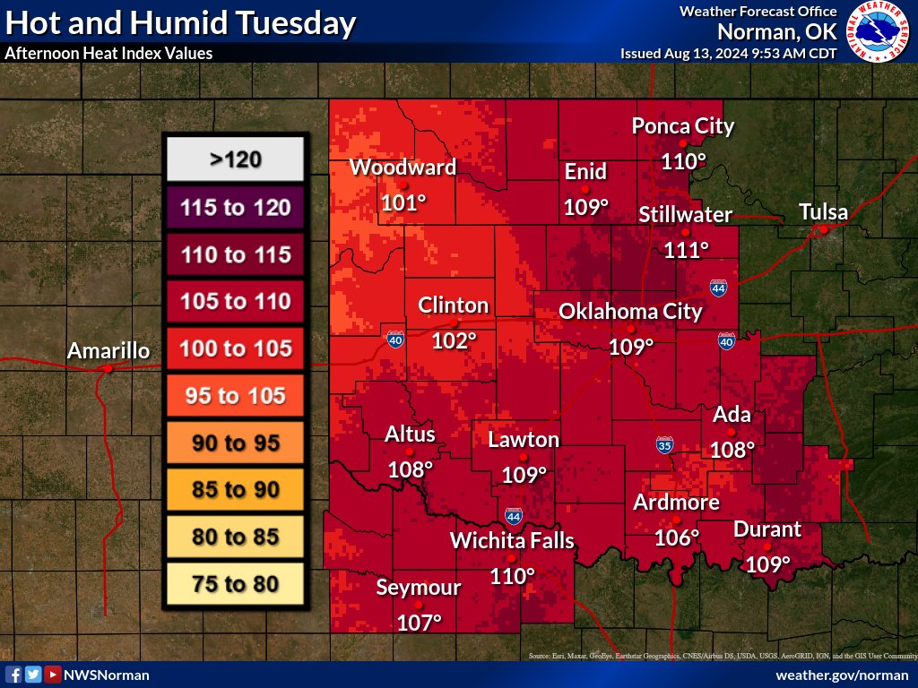 NWSNorman's tweet photo. Hot &amp; humid conditions today will lead to triple digit heat index values across the area. Heat index values of 105 to 113 will be possible in some areas. An Excessive Heat Warning and Heat Advisory are in effect. Take steps to prevent heat related illnesses. #okwx #texomawx https://t.co/RZxhJ0SrT7