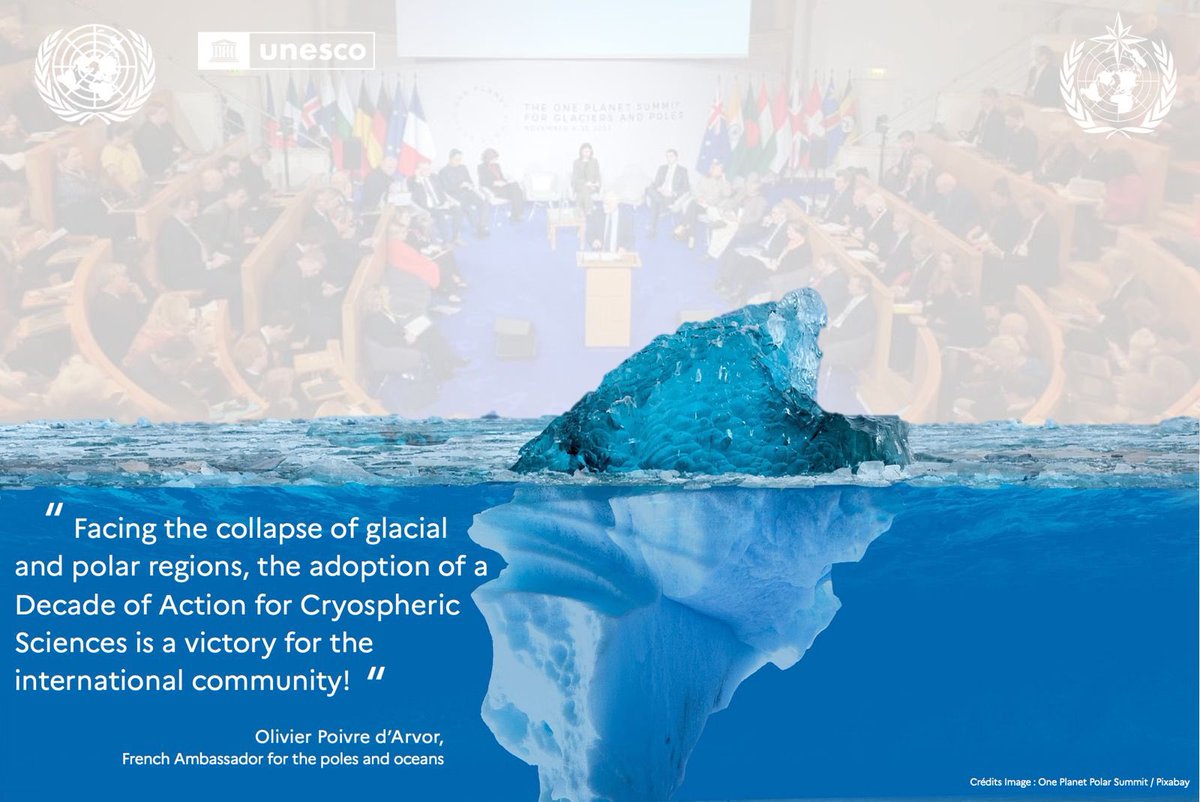 O_Poivre_dArvor's tweet photo. What a victory for the international community! 

And for the French diplomatic network, which was mobilized for the adoption of a Decade of Action for Cryospheric Sciences.

Thanks to @EmmanuelMacron for his commitment, with the French Polar Strategy, and the @oneplanetsummit. https://t.co/UILhRZWbj5
