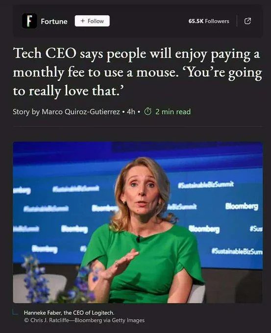 Pirat_Nation's tweet image. &amp;gt; Logitech CEO says people will enjoy paying a monthly fee to use a mouse.  `You´re going to really love that´

Nope, I won't. And I'm sure no one else will either.