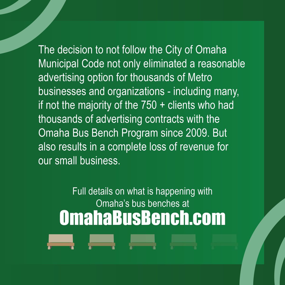 BestBuySignsOma's tweet photo. [1 of 3] Two months ago, after delaying the process more than 16 months, Omaha Parks awarded the new bus bench contract to an out-of-state and out-of-country company by choosing the rules and city ordinances they wanted to follow. 🚏🚌 https://t.co/reci6m6iR2 https://t.co/vsYhwWiZ9d
