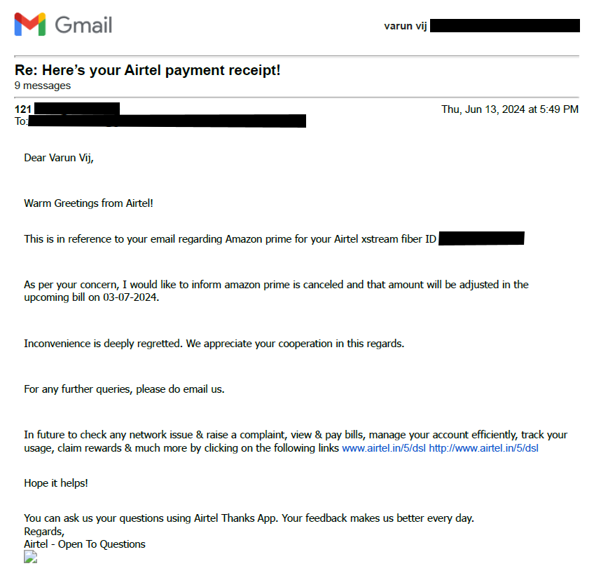 oncloudnonine's tweet photo. Has anyone else been fraudulently charged by @airtelindia  for #AmazonPrime subscription and no refund provided despite committing on email? @amazonIN  , are you also part of this scam? https://t.co/hxBCKF5Ixw