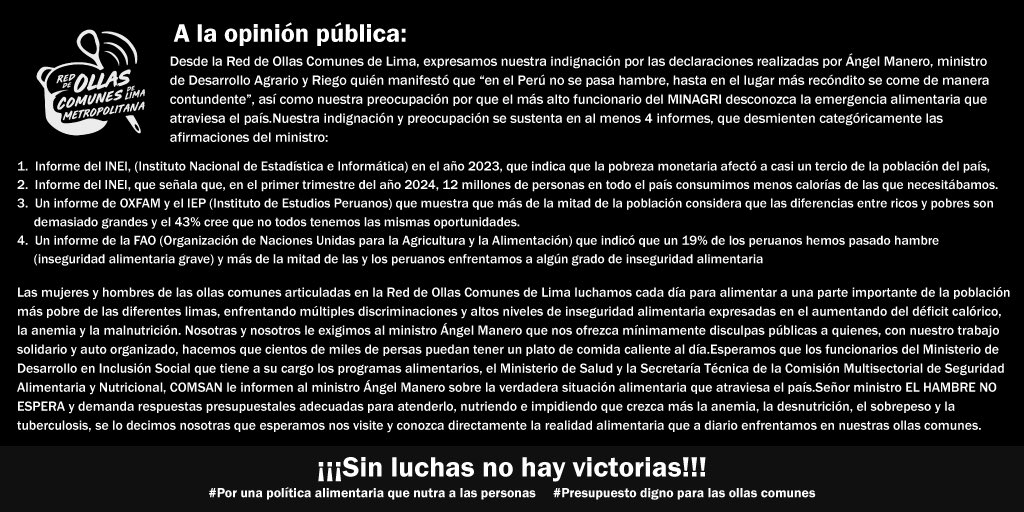 Frente a las vergonzosas expresiones del Ministro Manero del <a href="/midagriperu/">MIDAGRI PERÚ</a>, desde la Red de Ollas Comunes de Lima Metropolitana expresamos nuestro total rechazo e indignación: